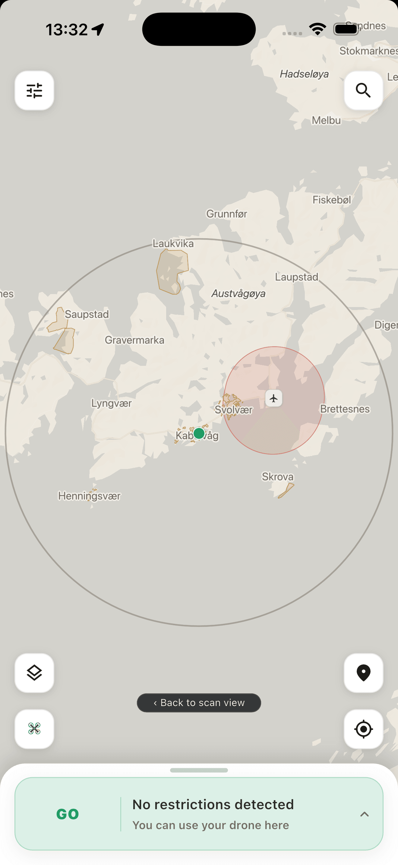 GoNoGo map showing GO with no restrictions detected near Lofoten